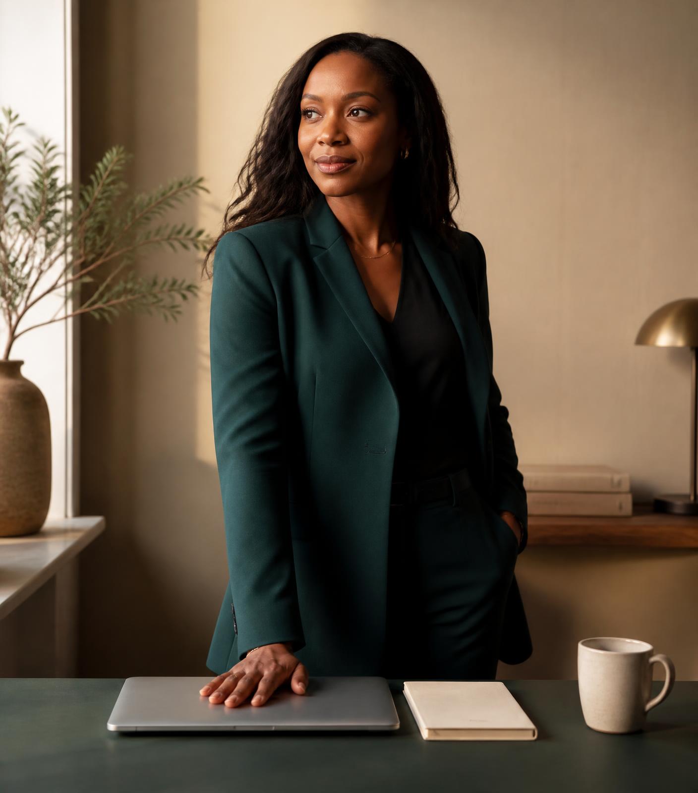A composed professional woman closing her laptop at the end of the working day